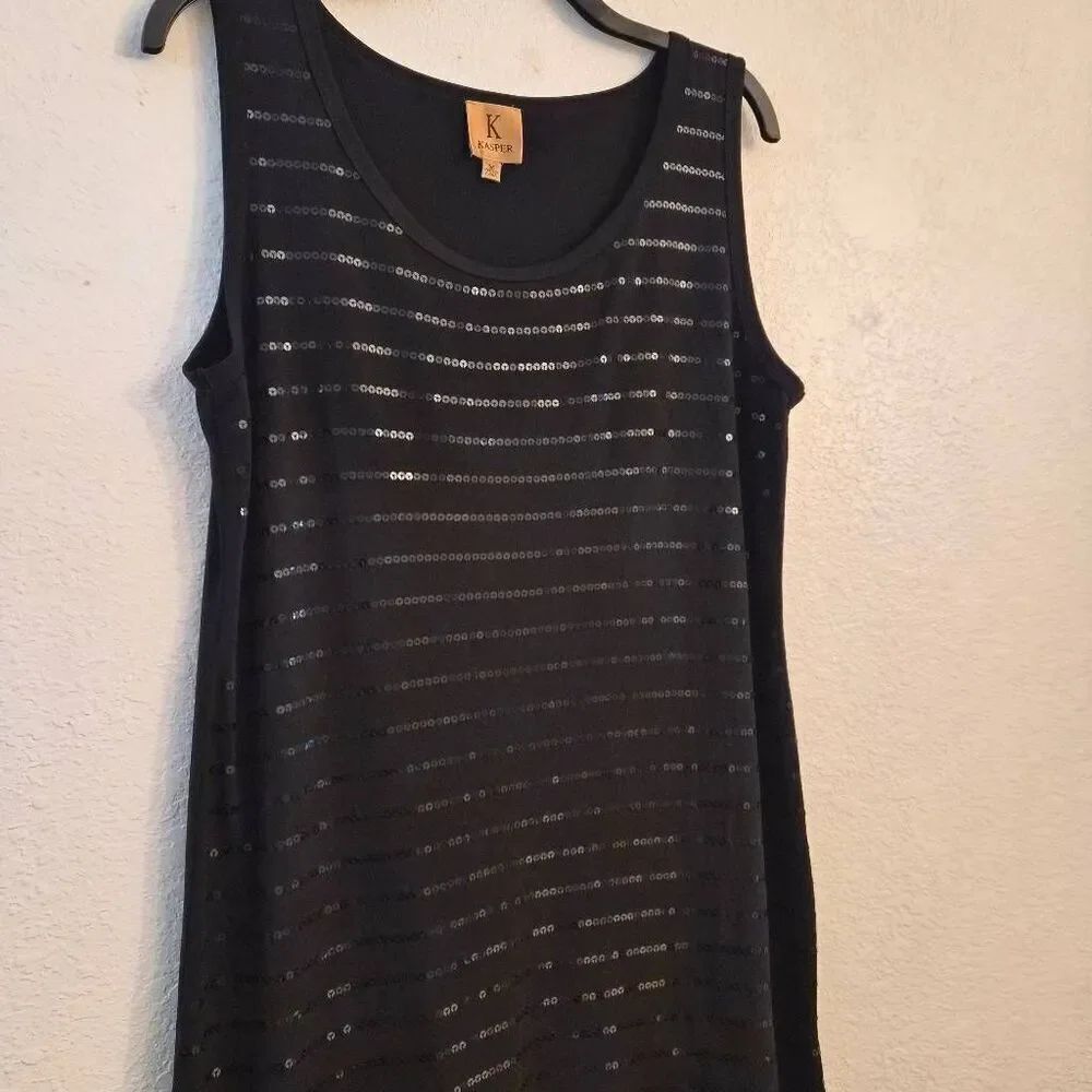 Kasper Black Sequin Striped Tank Top Dress Sexy Sporty Chic LBD Flirty Feminine